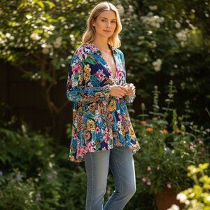 Roaman's Floral V-Neck Tunic Top Plus Sz 30W Blue Multicolor #270E